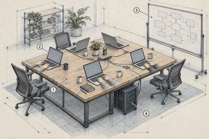 Realistic isometric technical sketch of a shared worktable with five laptops, hands on keyboards, a whiteboard architecture diagram and a small server under the table.