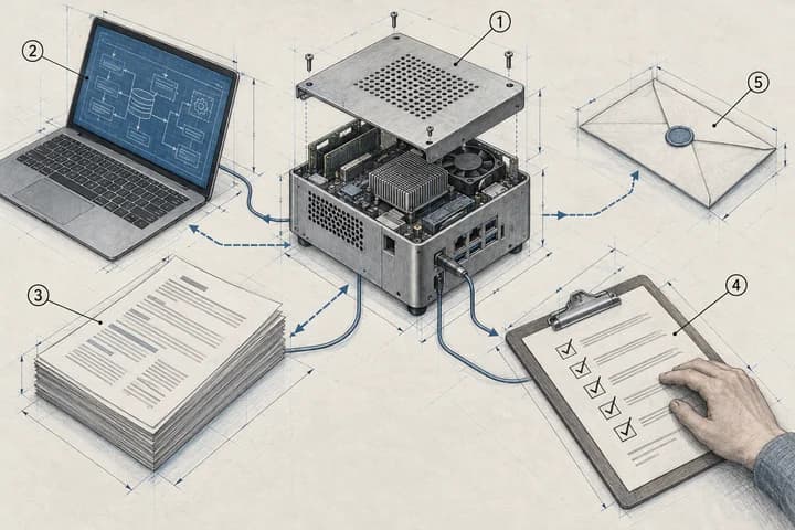 Realistic technical sketch with an exploded isometric view of a small home server connected by data-flow lines to a laptop, résumé pages, an envelope and a checklist clipboard beneath a person's hand.