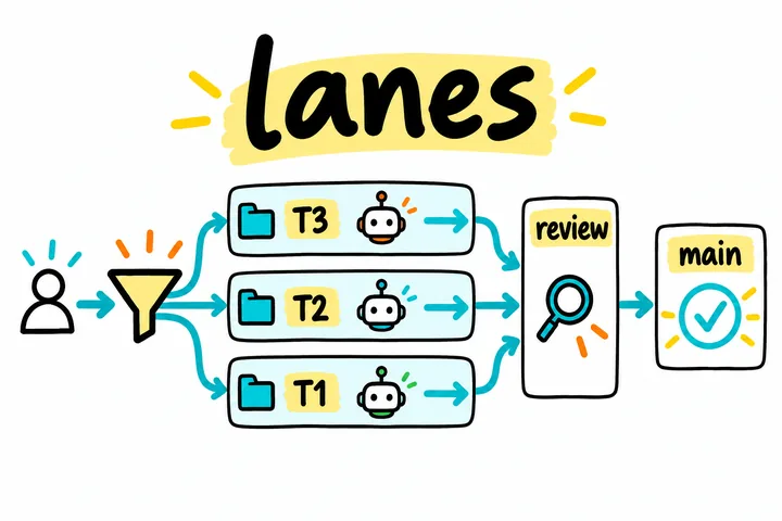 Hand-drawn triage funnel sending T3, T2 and T1 worktree lanes through review to main.