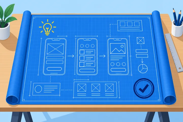 Illustration of an idea and an approved blueprint.